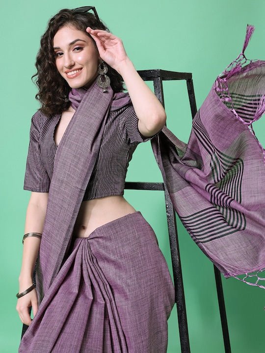 Purple Striped Saree - Inddus.com