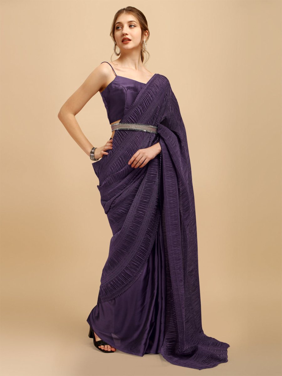 Purple Striped Silk Blend Saree with Belt - Inddus.com