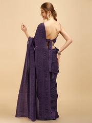 Purple Striped Silk Blend Saree with Belt - Inddus.com