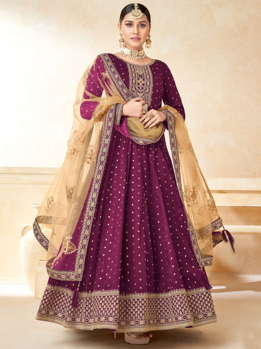 Purple Tafeta Butti Festive-Wear Anarkali Suit - Inddus.com