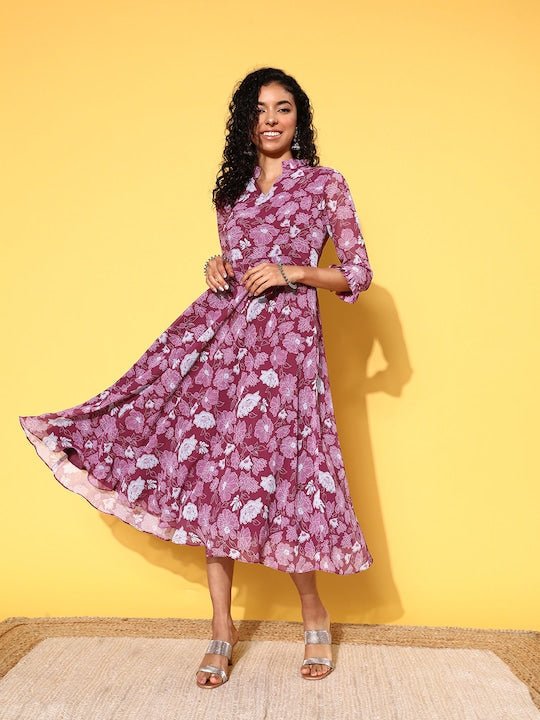 Purple & White Floral Print Mandarin Collar Georgette Midi Dress - Inddus.com