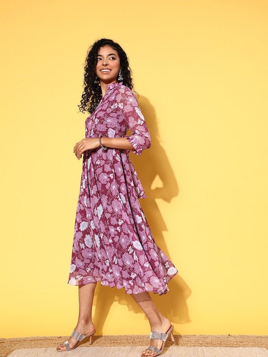 Purple & White Floral Print Mandarin Collar Georgette Midi Dress - Inddus.com