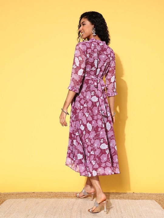 Purple & White Floral Print Mandarin Collar Georgette Midi Dress - Inddus.com