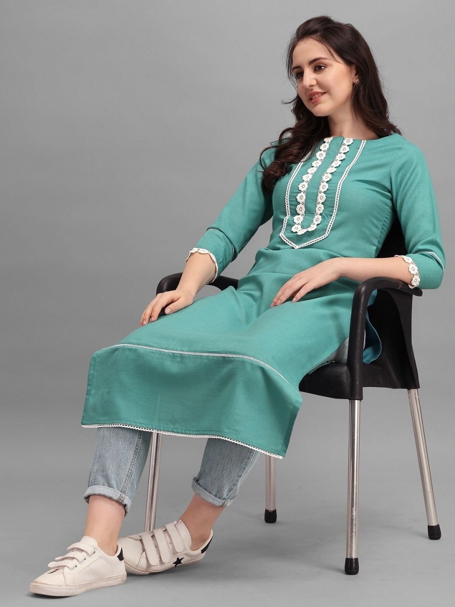 Rama Green Laced Kurta - Inddus.com