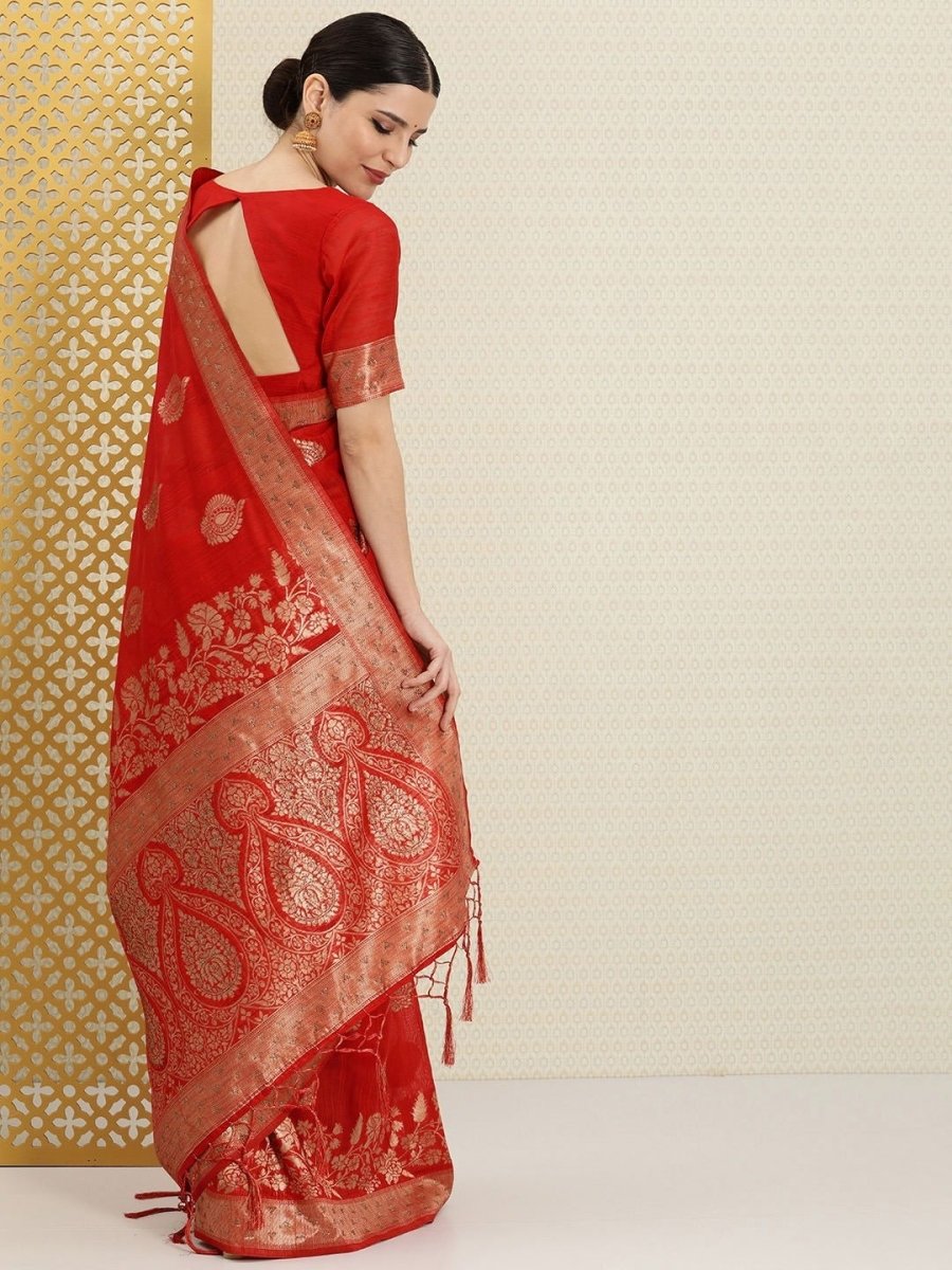 Red and Gold Floral Embellished Zari Woven Saree - Inddus.com