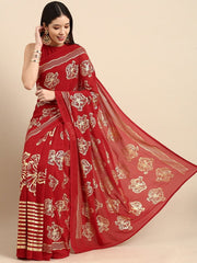 Red and Gold Floral Foil Print Saree - Inddus.com