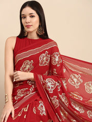 Red and Gold Floral Foil Print Saree - Inddus.com