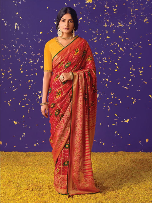 Red Brasso Embroidered Saree - Inddus.com