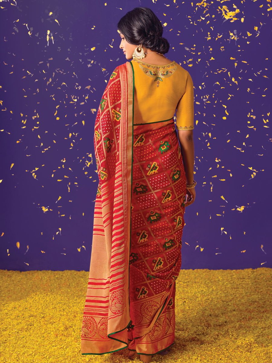 Red Brasso Embroidered Saree - Inddus.com