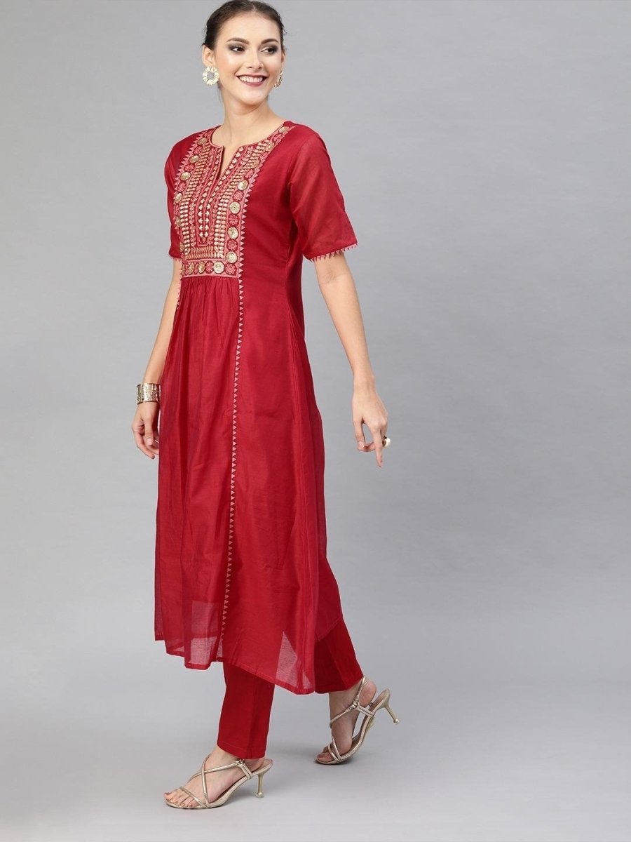 Red Chanderi Cotton Embroidered Kurta Pant Set - Inddus.com