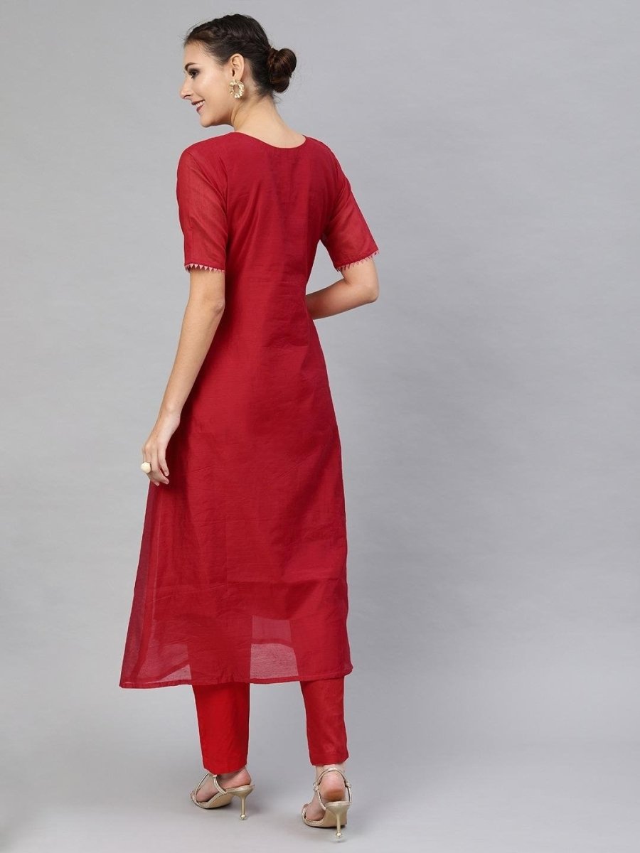 Red Chanderi Cotton Embroidered Kurta Pant Set - Inddus.com