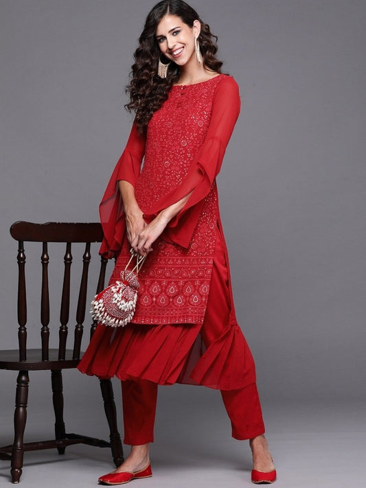 Red Chikankari Embroidered Kurta with Pants - Inddus.com