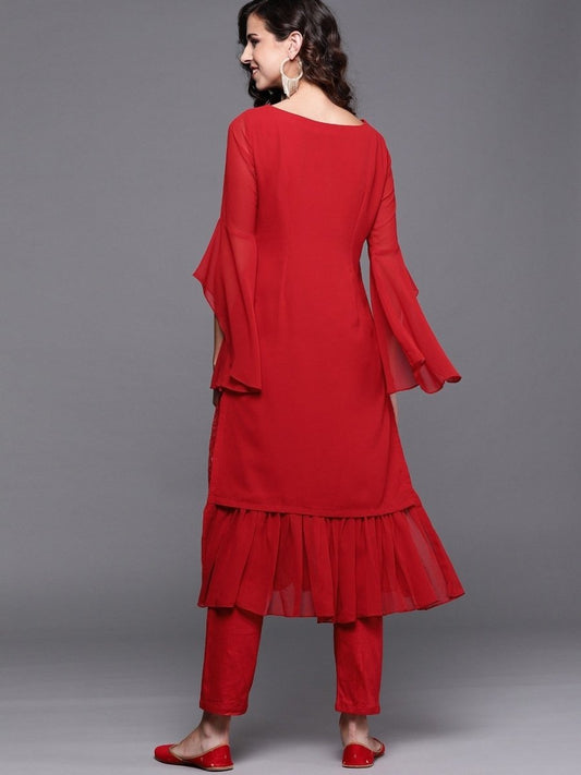 Red Chikankari Embroidered Kurta with Pants - Inddus.com