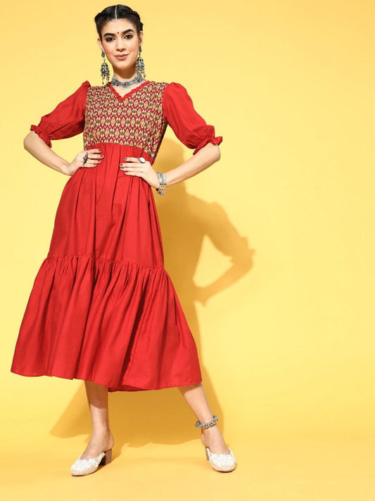 Red Cotton Partywear Ethnic Motifs Dresses - Inddus.com