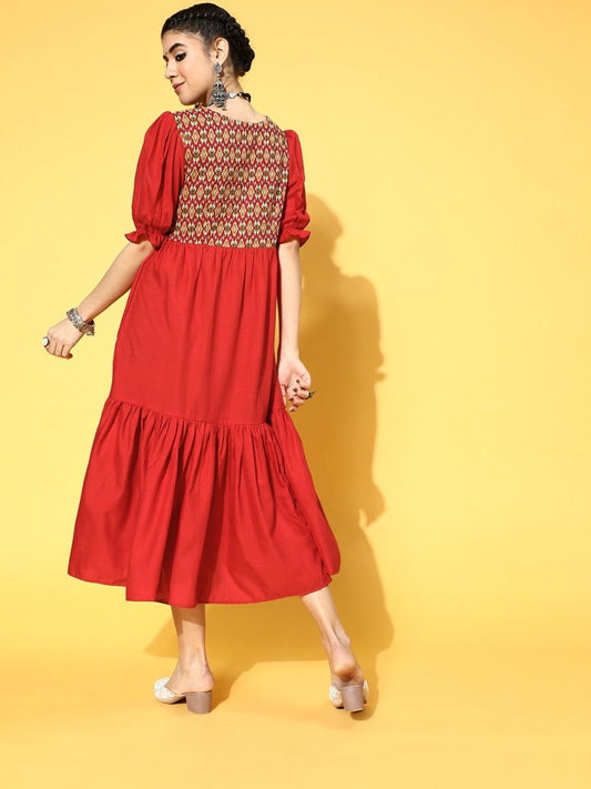 Red Cotton Partywear Ethnic Motifs Dresses - Inddus.com