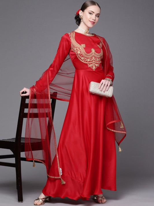 Red Embroidered Anarkali Kurta with Dupatta - Inddus.com