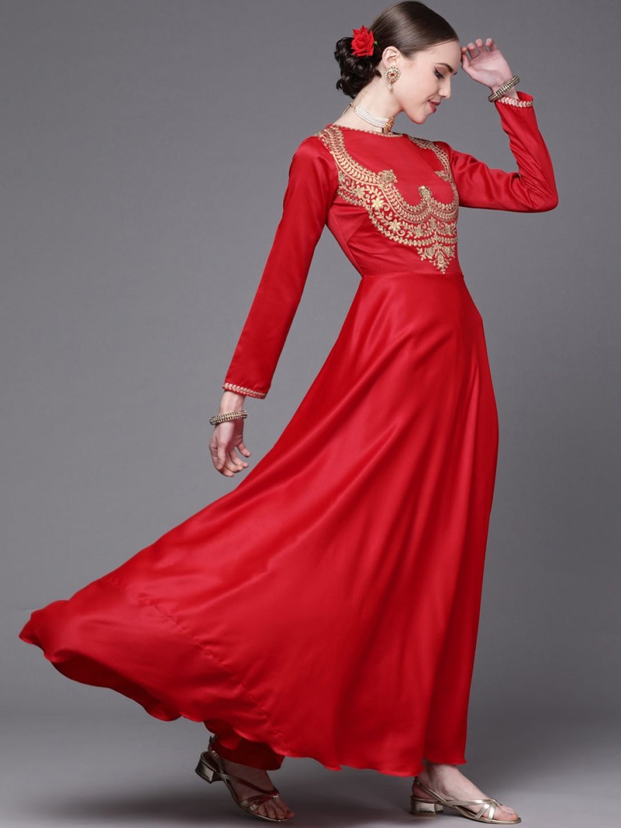 Red Embroidered Anarkali Kurta with Dupatta - Inddus.com