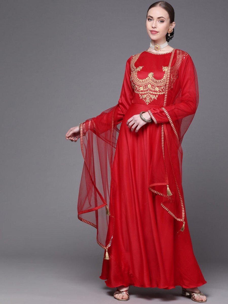 Red Embroidered Anarkali Kurta with Dupatta - Inddus.com