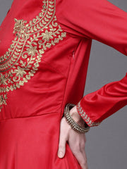 Red Embroidered Anarkali Kurta with Dupatta - Inddus.com