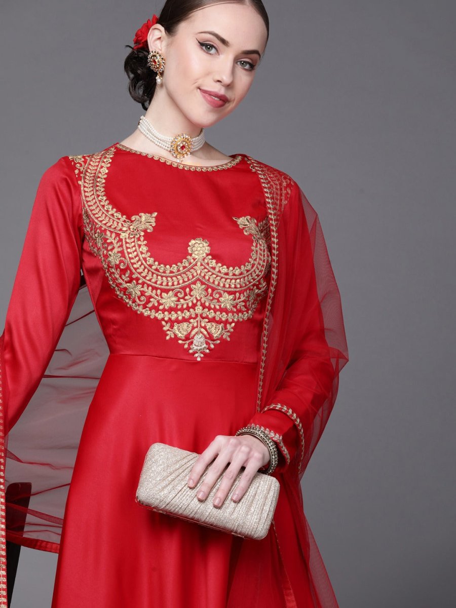 Red Embroidered Anarkali Kurta with Dupatta - Inddus.com