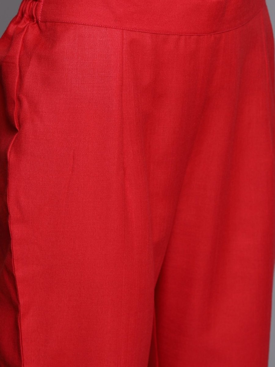 Red Embroidered Kurta with Trousers & Dupatta - inddus-us