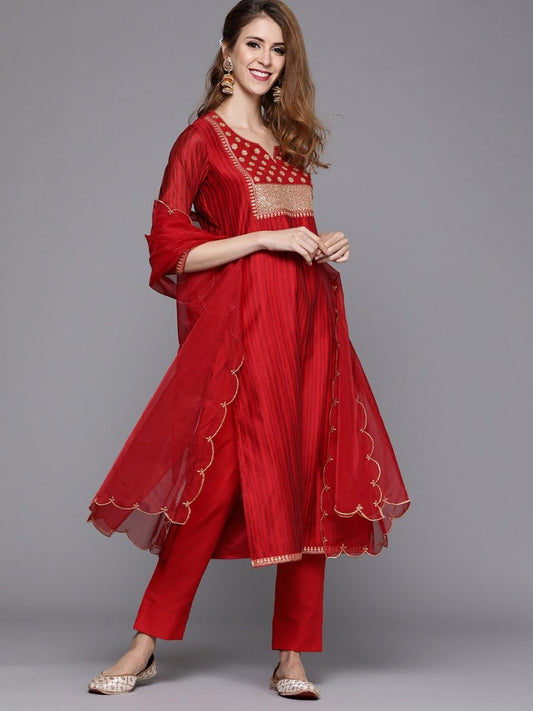 Red Embroidered Kurta with Trousers & Dupatta - inddus-us