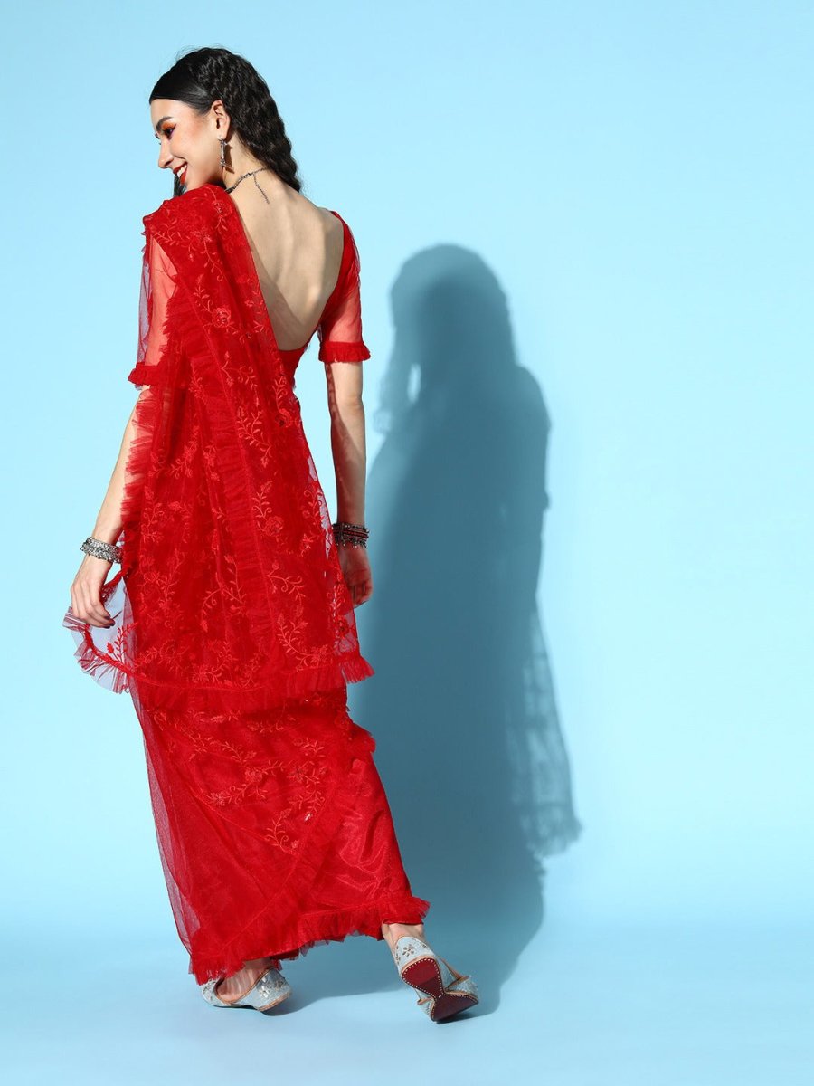 Red Embroidered Net Ruffle Saree with Blouse Piece - Inddus.com