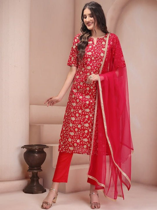 Red Floral Embroidered Sequined Regular Kurta with Trousers & Dupatta - Inddus.com