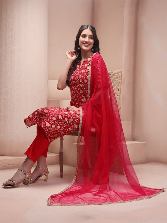 Red Floral Embroidered Sequined Regular Kurta with Trousers & Dupatta - Inddus.com