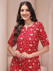 Red Floral Embroidered Sequined Regular Kurta with Trousers & Dupatta - Inddus.com