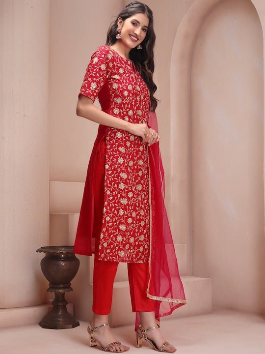 Red Floral Embroidered Sequined Regular Kurta with Trousers & Dupatta - Inddus.com