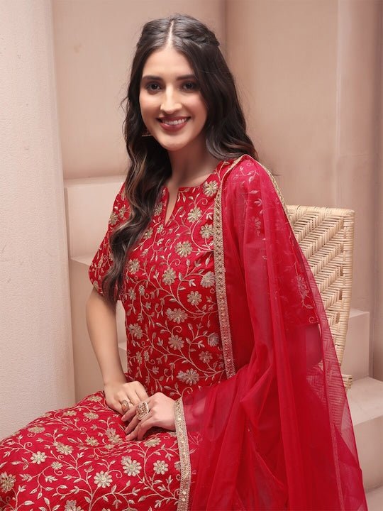 Red Floral Embroidered Sequined Regular Kurta with Trousers & Dupatta - Inddus.com