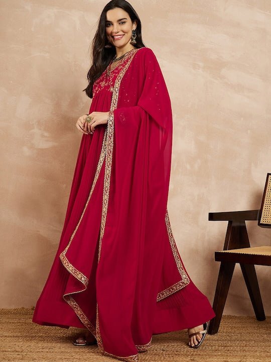 Red Floral Yoke Design Gotta Patti Georgette Anarkali Kurta With Dupatta - Inddus.com