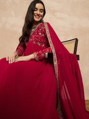 Red Floral Yoke Design Gotta Patti Georgette Anarkali Kurta With Dupatta - Inddus.com