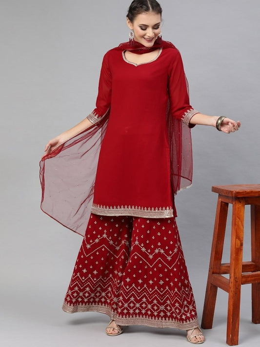 Red Georgette Embroidered Kurta Sharara Dupatta Set - inddus-us