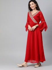 Red Georgette Stylized Sleeve Dress - inddus-us