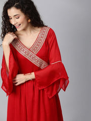 Red Georgette Stylized Sleeve Dress - inddus-us