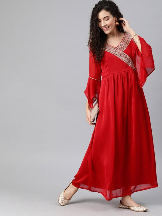 Red Georgette Stylized Sleeve Dress - inddus-us