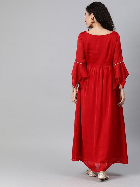 Red Georgette Stylized Sleeve Dress - inddus-us