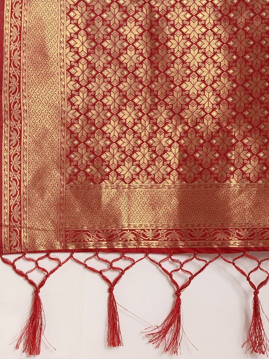 Red & Gold-Coloured Silk Blend Woven Design Banarasi Saree - Inddus.com