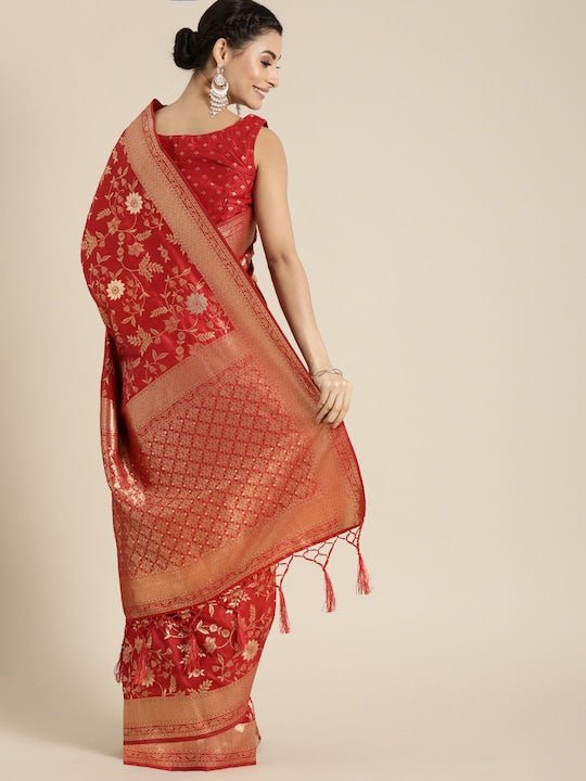 Red & Gold-Coloured Silk Blend Woven Design Banarasi Saree - Inddus.com