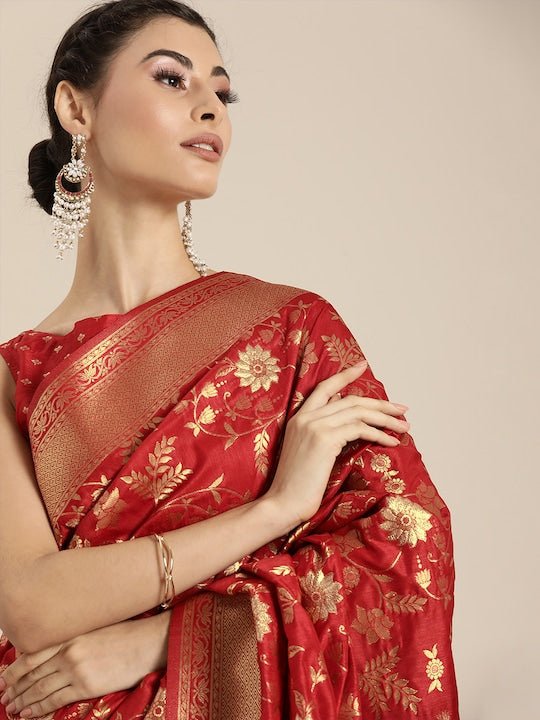 Red & Gold-Coloured Silk Blend Woven Design Banarasi Saree - Inddus.com