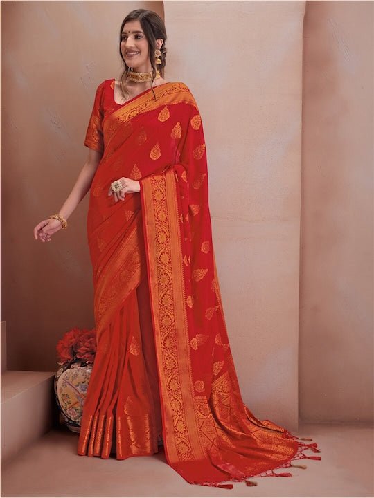 Red & Gold-Toned Woven Design Zari Silk Blend Saree - Inddus.com