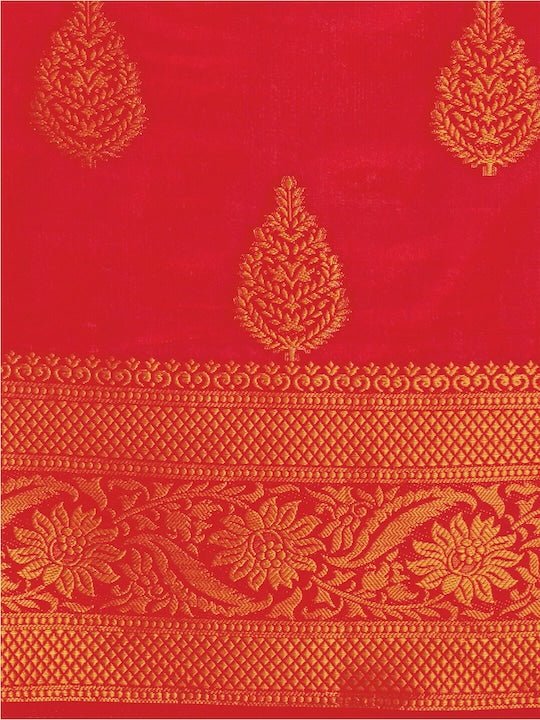 Red & Gold-Toned Woven Design Zari Silk Blend Saree - Inddus.com