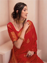 Red & Gold-Toned Woven Design Zari Silk Blend Saree - Inddus.com