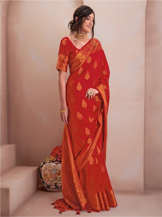 Red & Gold-Toned Woven Design Zari Silk Blend Saree - Inddus.com