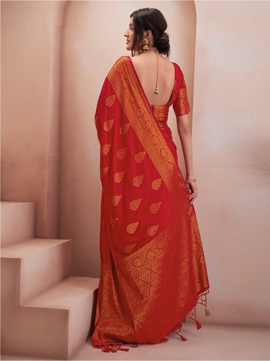 Red & Gold-Toned Woven Design Zari Silk Blend Saree - Inddus.com