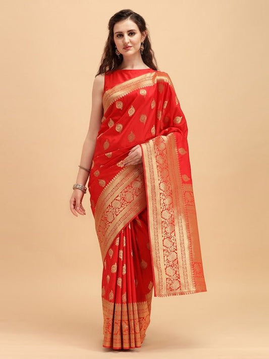 Red & Golden Ethnic Motifs Zari Jashn Saree - Inddus.com