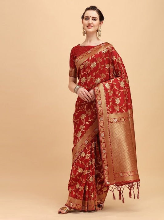 Red & Golden Floral Zari Silk Blend Saree - Inddus.com