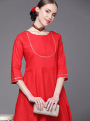 Red Gotta Detailed Cotton Kurta - Inddus.com